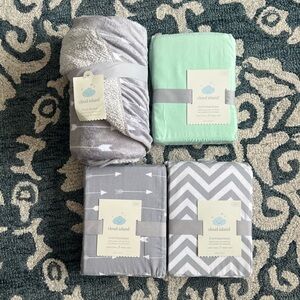 Cloud Island Gray and Mint Baby Blanket and crib sheets
